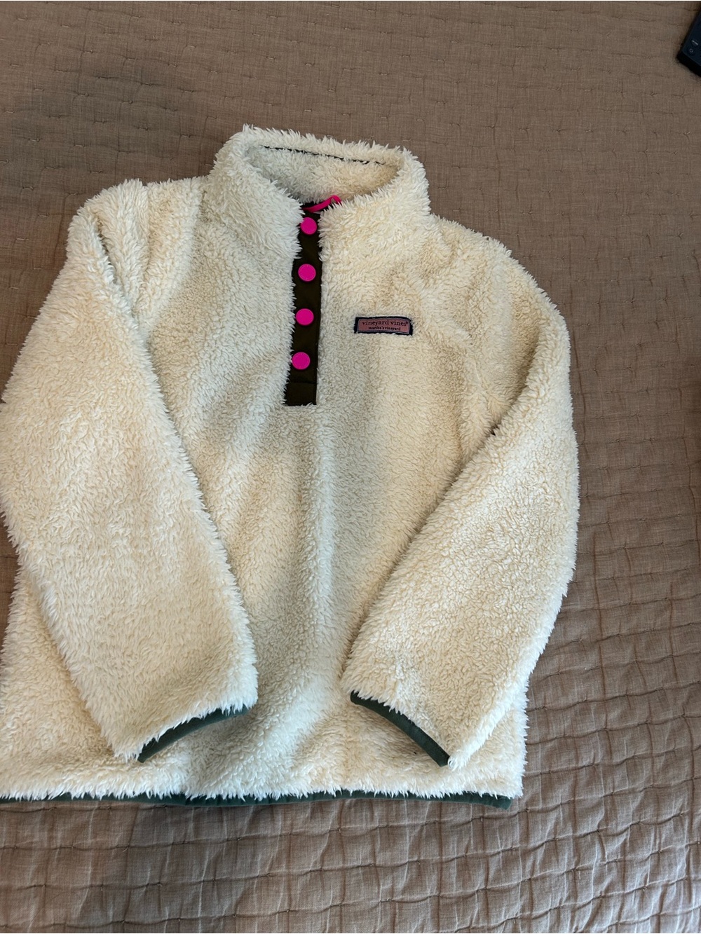 Vineyard Vines Kids Cream Sherpa Pullover with Pink Button Accents